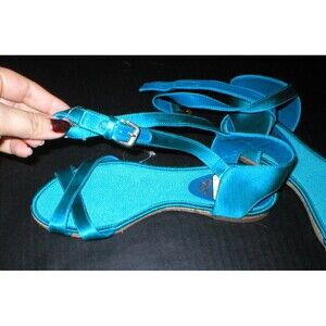 New $298 Womens Elie Tahari Satin Strap Sandals 7 Shoes Blue Leather Flats Desig